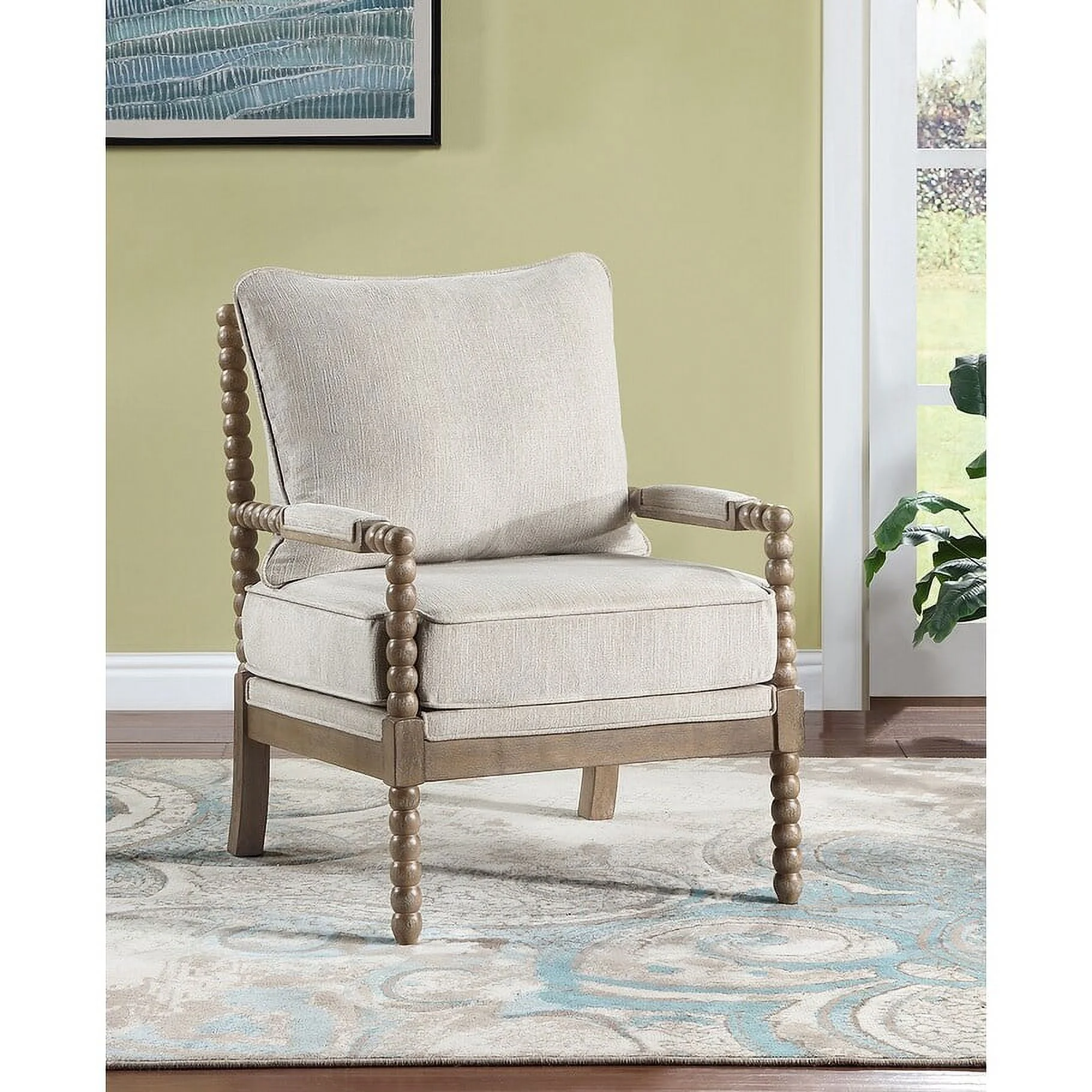 Linen Fabric,Chenille Spindle Accent Chair Set with Gourd-Shaped Wood Frame Brown+Cream