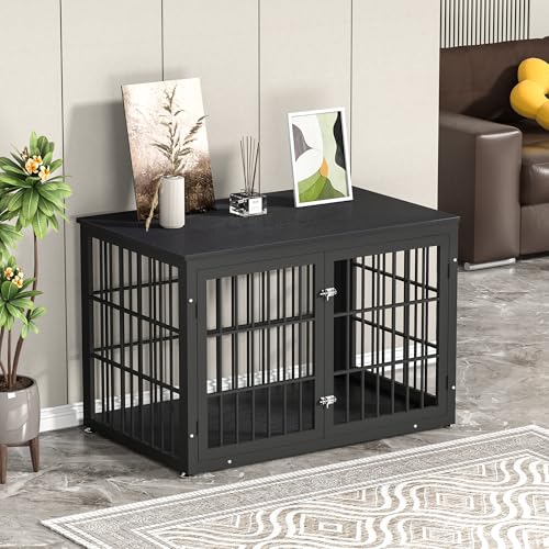 48 Inch Heavy Duty Dog Crate Furniture for Large Dogs, Decorative Pet House End Table, Extra Large Wooden Cage Kennel Furniture Indoor, Natural and White