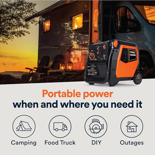 Generac 3,300-Watt Gas-Powered Portable Inverter Generator - Lightweight Design - USB Ports for Mobile Device Charging - COsense Technology - Perfect for Home use - Orange/Black