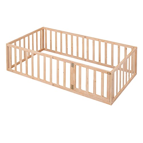 Twin Size Floor Bed Frame Compatible with Toddler Montessori Floor Beds with Fence Railings Compatible with, Twin Size Playhouse Bed Compatible with Boys Girls, Natural,bed frame