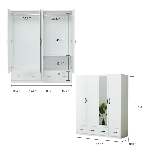 4-Door Wooden Gray Armoire Wardrobe Closet with 3 Drawers for Bedroom Storage Wardrobe Closet Wood with Hanging Rod with Large Storage Wardrobe with Drawers 63" L x 20.3" W x 72" H