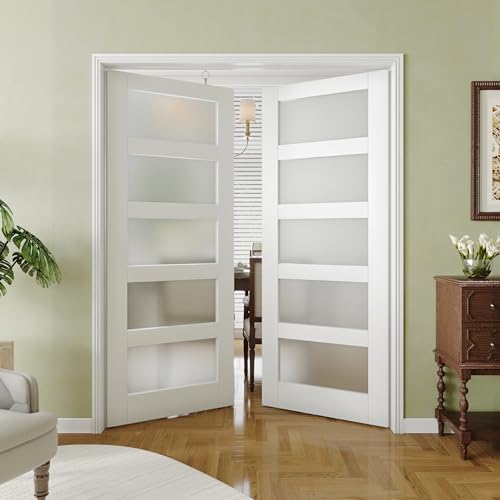5-Lite Frosted Glass French Door, 30"x 80", Interior Door Panels for Closet & Bedroom, Single Pantry Door Slab - Assembly Required, MDF, White Primed