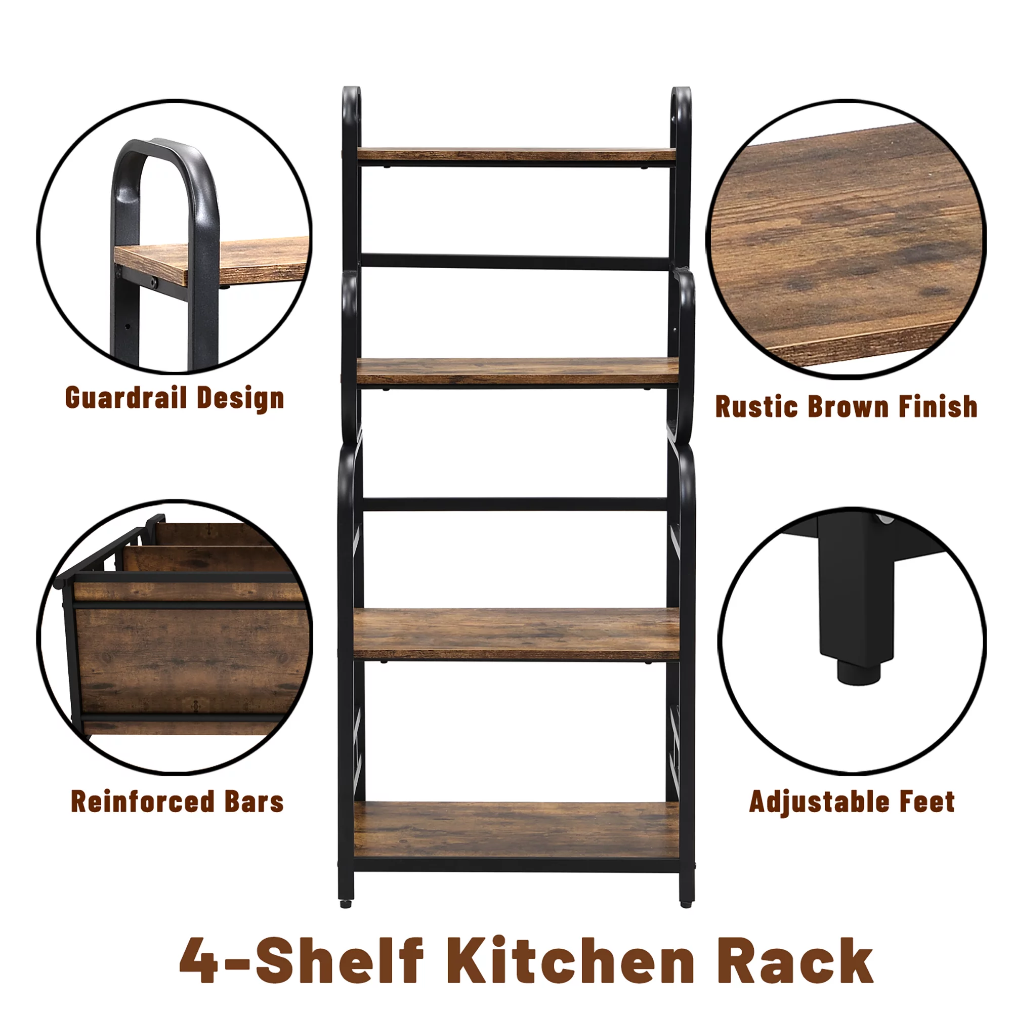 O&K Furniture 4-Tier Kitchen Bakers Rack, 54’’ Microwave Oven Stand with Storage Shelves, Black