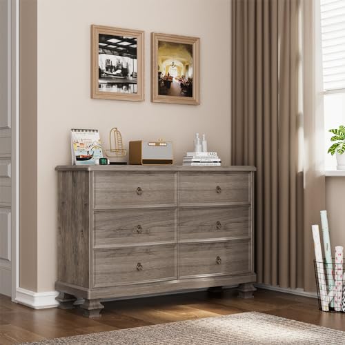 White 6 Drawer Wooden Dresser, Tall Dressers for Bedroom, Chest of Drawers Closet Organizers and Storage for Clothes - Easy Pull Handle, Textured Borders Drawers for Living Room, Hallway