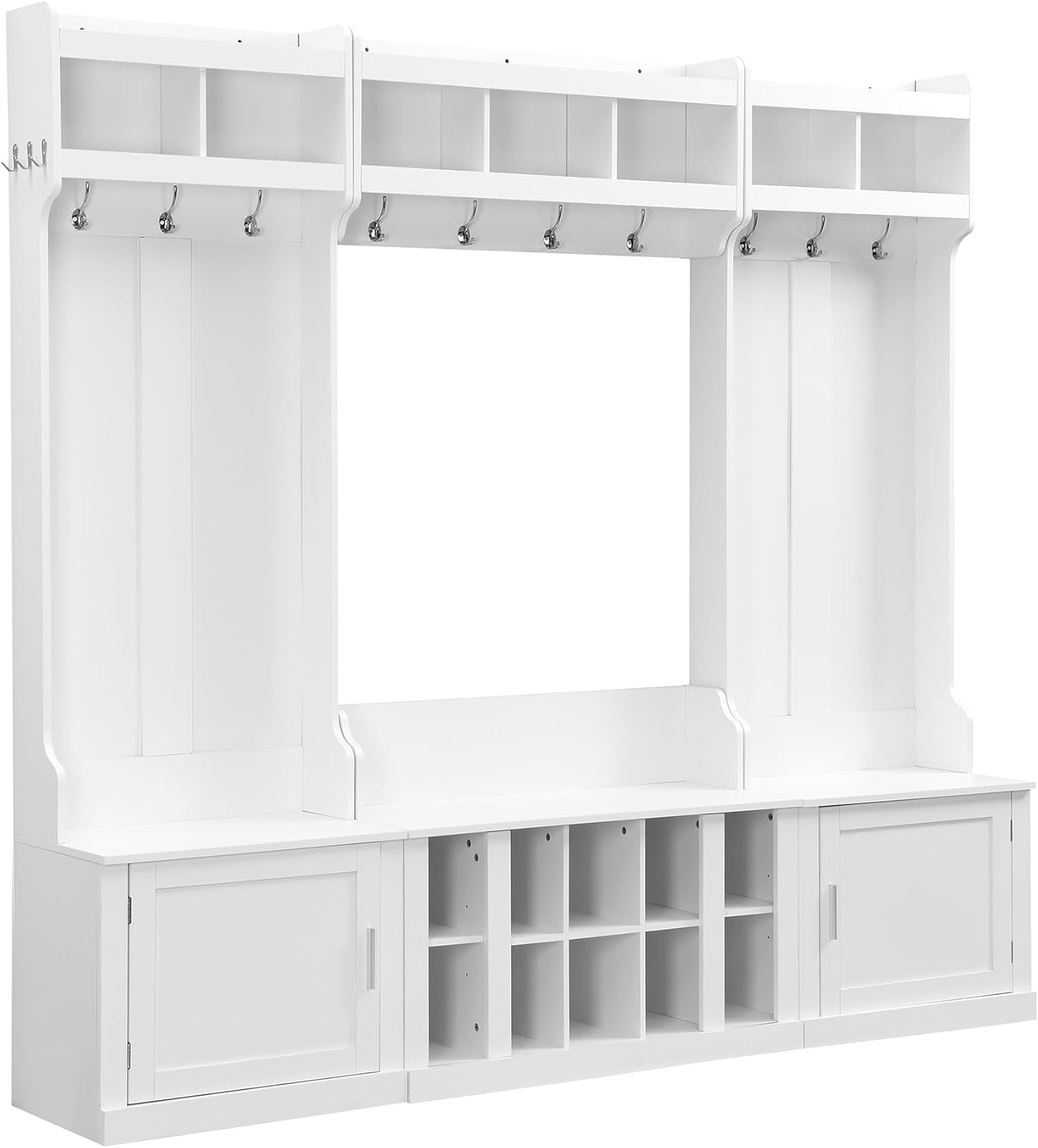 VOXIV Wide Design Hall Tree with Storage and Bench, 4-in-1 Multi-Functional Entryway Bench with Coat Rack and Shoe Cubbies Practical Furniture for Hallway White
