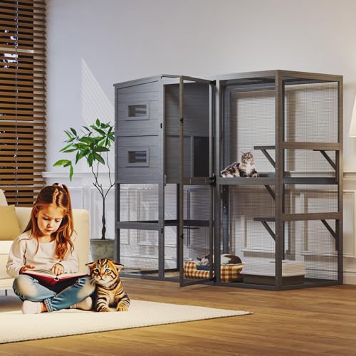 Catio Outdoor Cat Enclosure, Large Cat House for Mulitiple Cats Walk in Cat Cage with Waterproof Cover and Sunshine Panel Roof, Feral Cat Shelter with 7 Platforms and 2 Resting Box, 72 inch
