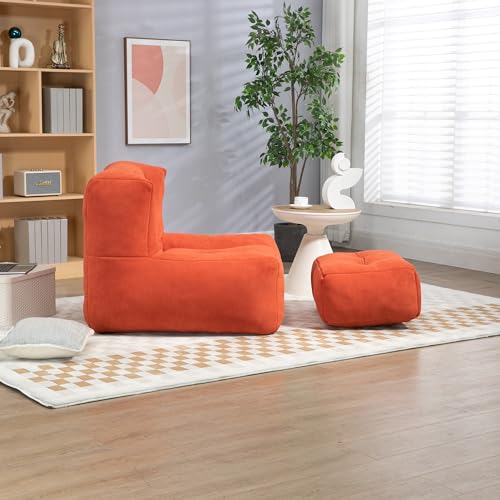 Bean Bag Chair,Microfiber Upholstered Bean Bag Couch for Adults and Kids with Footstool,Memory Foam Togo Sofa for Livingroom (White)