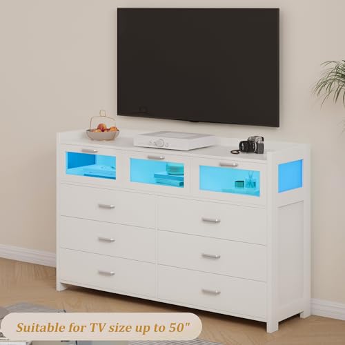Black Dresser for Bedroom with 9 Drawers, Chests of Drawers with LED Lights and Charging Station, Modern Dresser with 3 Visual Drawers, Wood Wide LED Dresser for Bedroom, Closet, Entryway