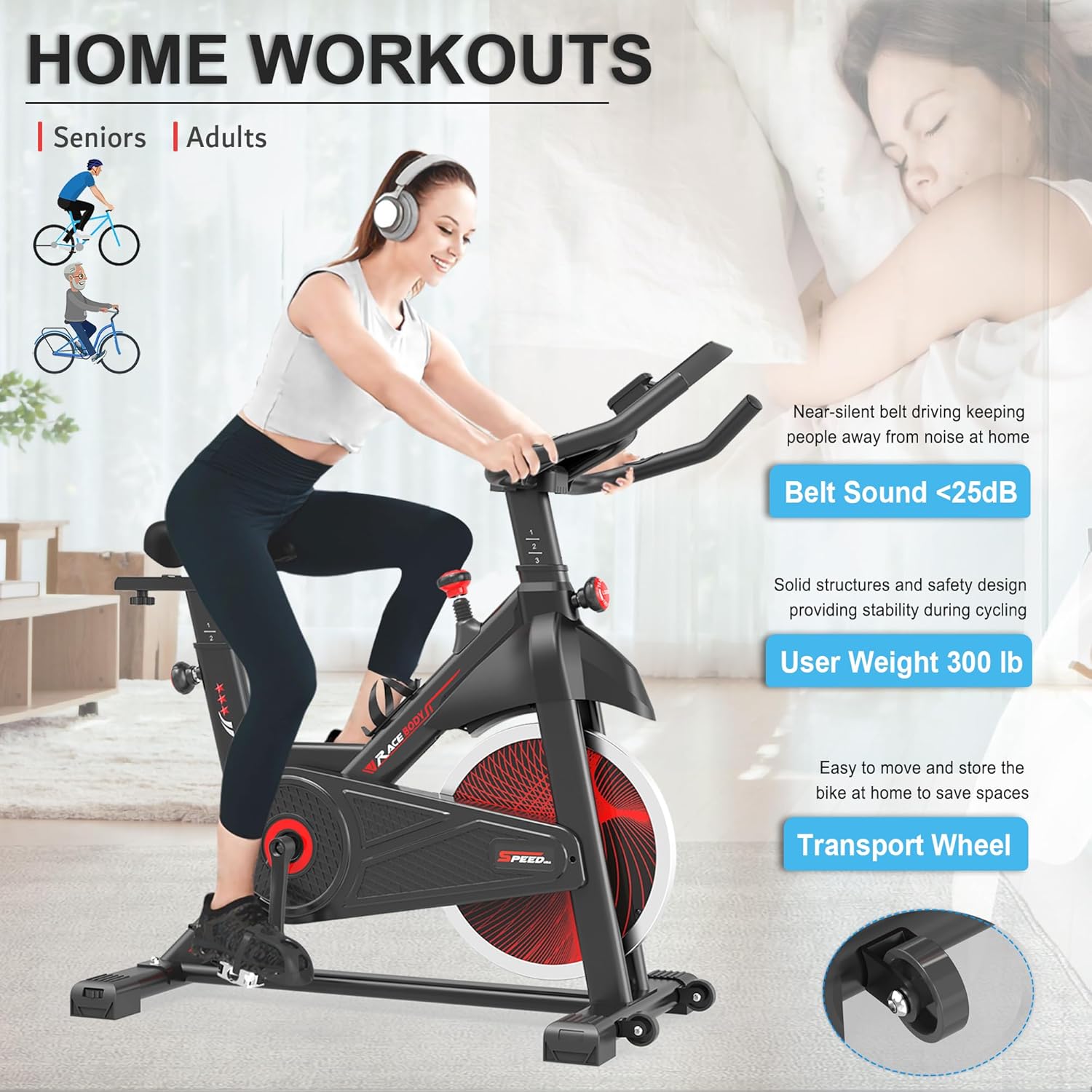 Exercise Bike, Indoor Cycling Bike with Silent Belt Drive, Heavy Flywheel and LCD Monitor for Home, Indoor Bike for Gym Cardio Workout Training