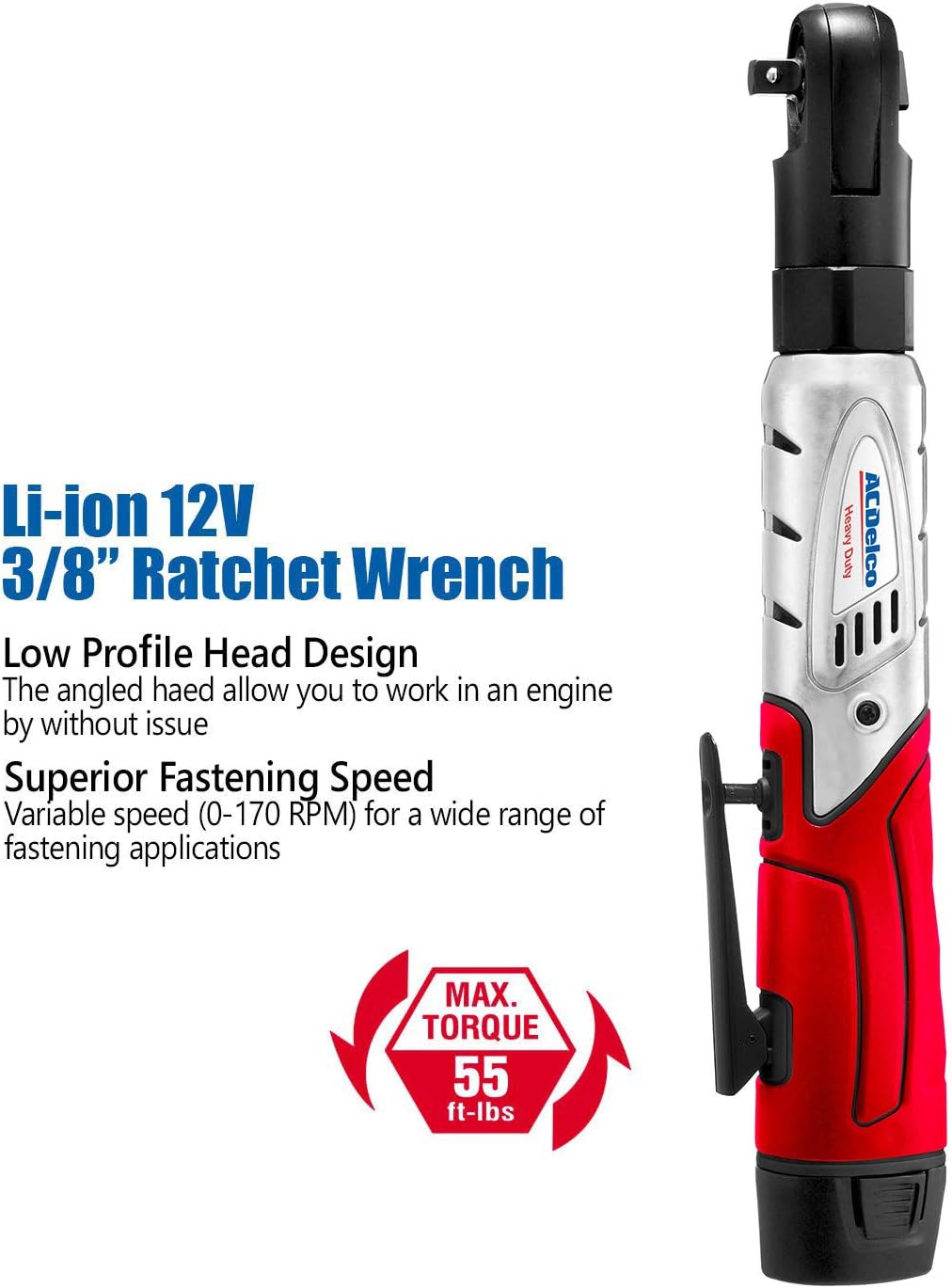 ACDelco ARW1201 G12 Series 12V Cordless Li-ion 3/8” 57 ft-lbs. Ratchet Wrench Tool Kit with 2 Batteries and Carrying Case