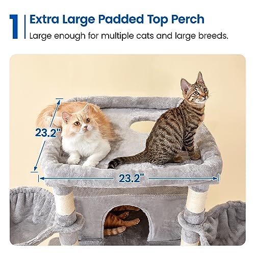 MWPO Extra Large Cat Tree, 77.6-Inch Tall Cat Tower for Indoor Cats with 2 Large Condos, Multi-Level Cat Stand for Large Cat with 3 Hammocks, Wide Perch, Scratching Posts, Dangling Toys, Beige