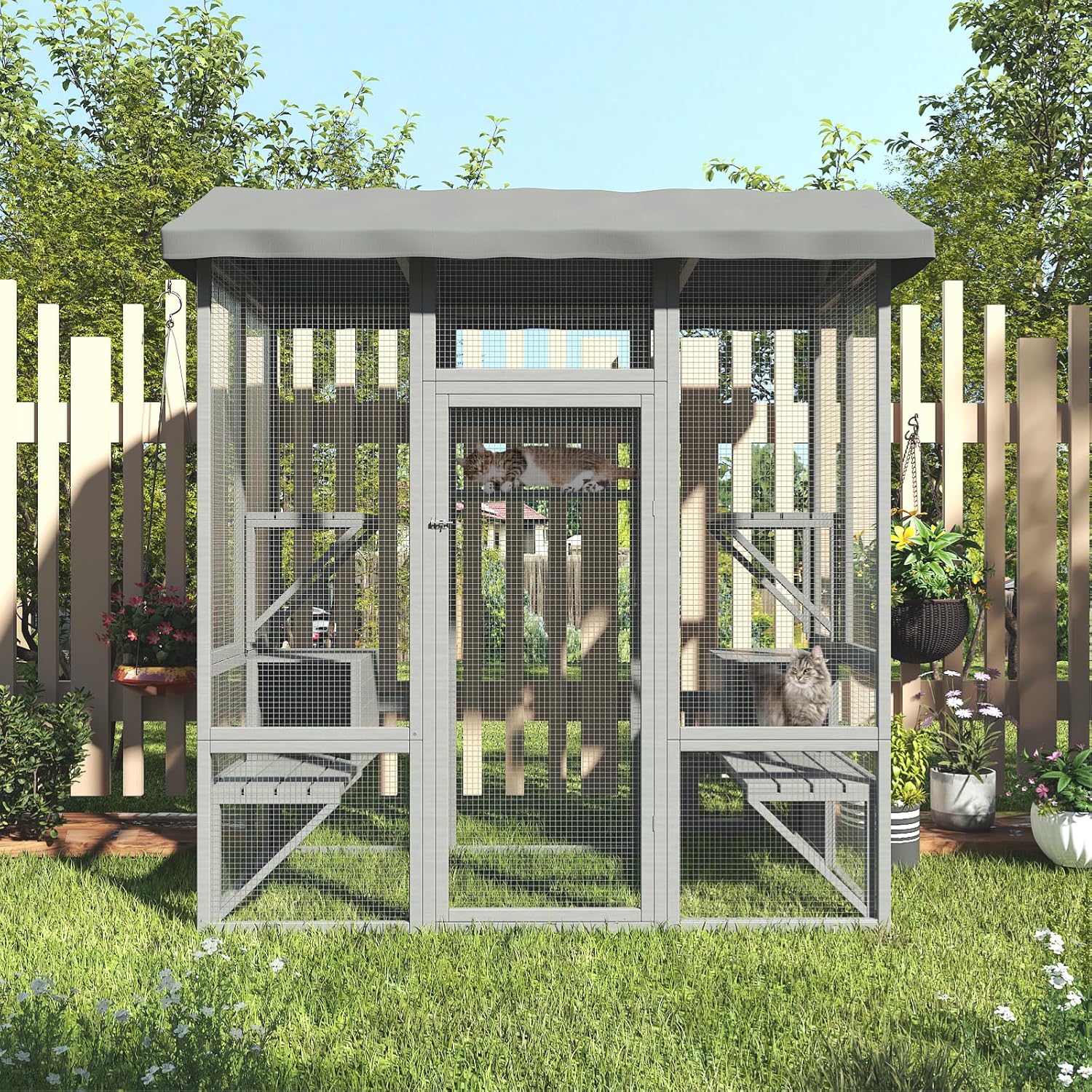 Cat Catio, Large Cat House Outdoor, Outside Cat Enclosure with Sunshine Panel Roof and Waterproof Cover, Wooden Cat Cage with 7 Platforms & 2 Resting Box, Walk in Feral Cat Shelter, 72 inch