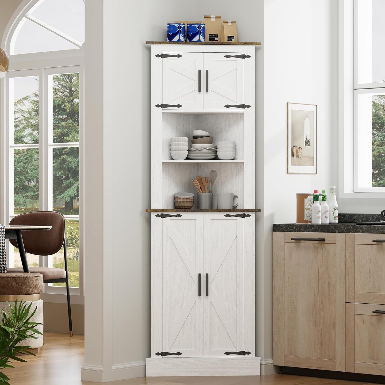 ELECWISH Tall Corner Cabinet, 68" Farmhouse Bathroom Storage Cabinet, 5-Tier Kitchen Pantry Corner Cabinet with 4 Barn Doors & Adjustable Shelves,Home Space Saver, White