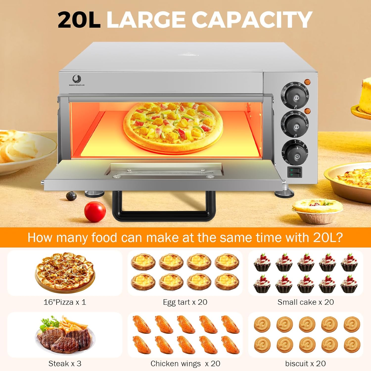 BEAMNOVA Electric Commercial Pizza Oven Countertop,1900W Adjustable Temperature Pizza Oven with 12 Inch Pizza Pan and Pizza Stone for Restaurant Home Pretzels Baked…