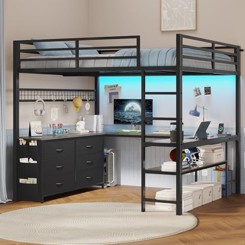 ADORNEVE Loft Bed Full Size with U-Shaped Desk, 6 Storage Drawers, Power Outlet, LED Metal Loft Bed with 2 Storage Shelves, Bed with Safety Guardrail & Ladders, No Box Spring Needed, Rustic Brown