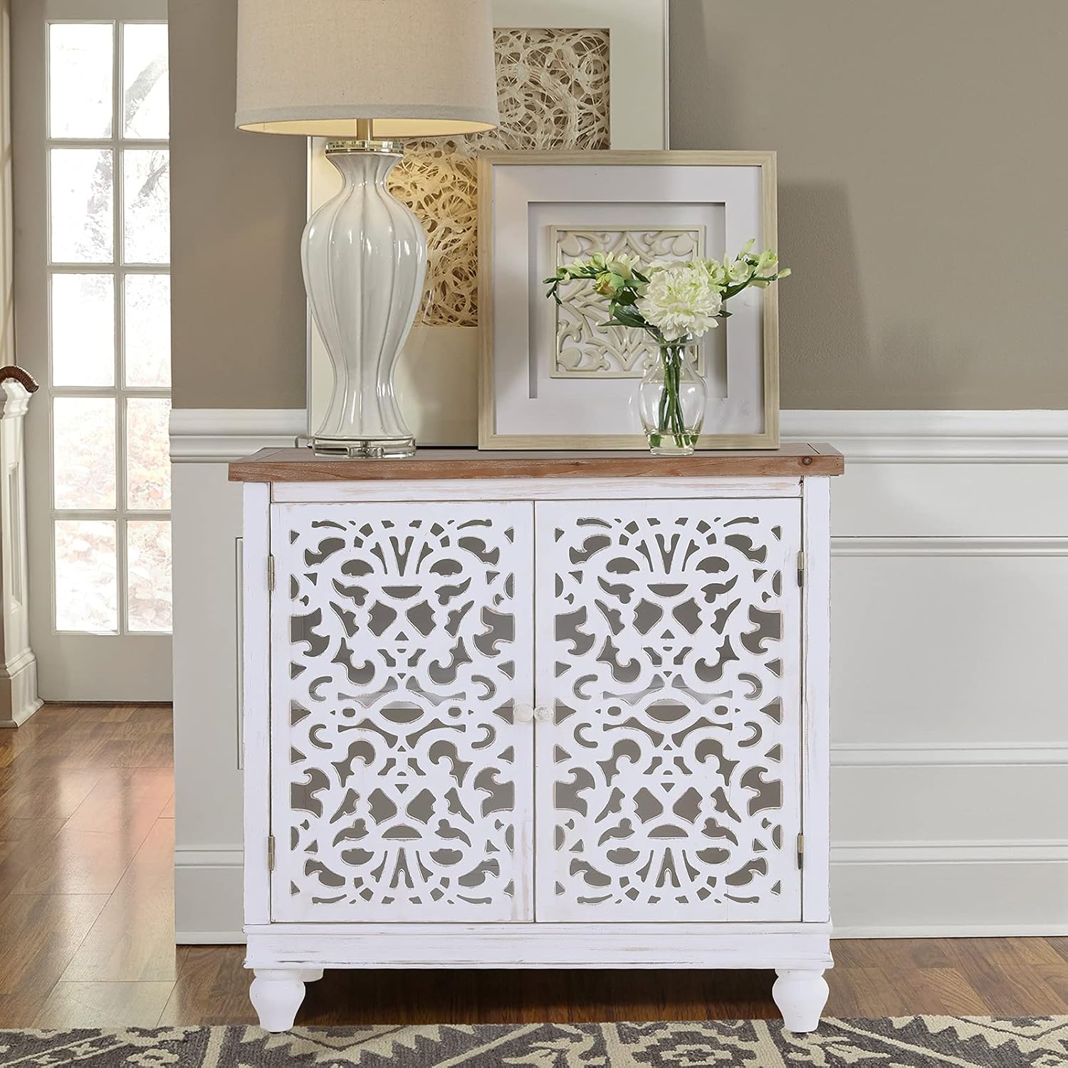 MAISON ARTS White Accent Storage Cabinet with 2 Doors for Living Room Bedroom Buffet & Sideboard Decorative Distressed Cabinet Farmhouse Kitchen China Cabinet with Carved Pattern Doors, Carved Floral