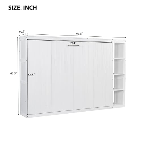 Wooden Murphy Cabinet Bed Frame with Charging Station, Full-Size Foldable Wall Bed with Large Storage Drawer for Home Apartment Limited Living Places, Space-Saving Hidden Bed No Box Spring Needed