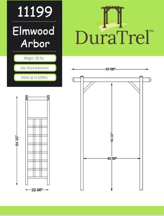 Dura-Trel Elmwood Arbor, 57 by 84 Inch PVC Patio Garden Arch, Outdoor Lattice Frame Decoration or Trellis for Climbing Plants, White