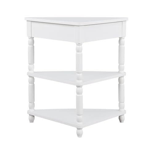 3-Tier Corner Shelf with Drawer, Living Room Corner Cabinet with Solid Wood Legs, Small Corner Table with Storage, Corner Hutch Cabinet for Dining Room, Kitchen, Bedroom, White