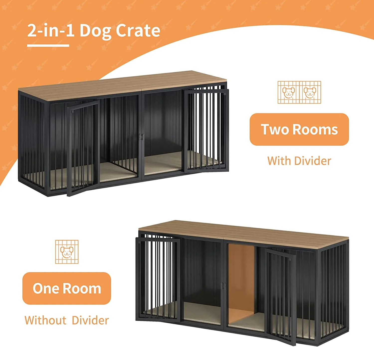 Cuoote Dog Crate Furniture for 2 Dogs, Large Kennel Furniture with Partition and Double Cage, 71.6" All-Steel Frame and Wooden Top Kennel, Suitable for Medium and Large Dogs (Black)