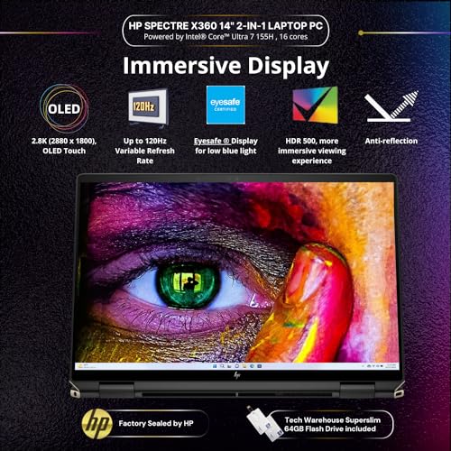 HP Spectre 14T x360 2-in-1 Laptop Intel i7-1355U 10 Cores,Win 11 Pro,13.5" 3:2 Touch,16GB RAM,512GB SSD,B&O Speakers, FPR, Tilt Pen,Nightfall, 64GB Tech Warehouse Flashdrive