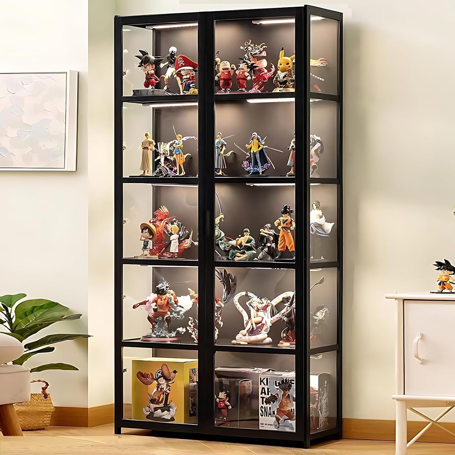 5-Tier Curio Display Cabinet, Storage Shelves with Acrylic Glass Door, Collectibles Toy Organizers Rack & Display Shelf, Kids Bookshelf and Bookcase for Playroom, Bedroom