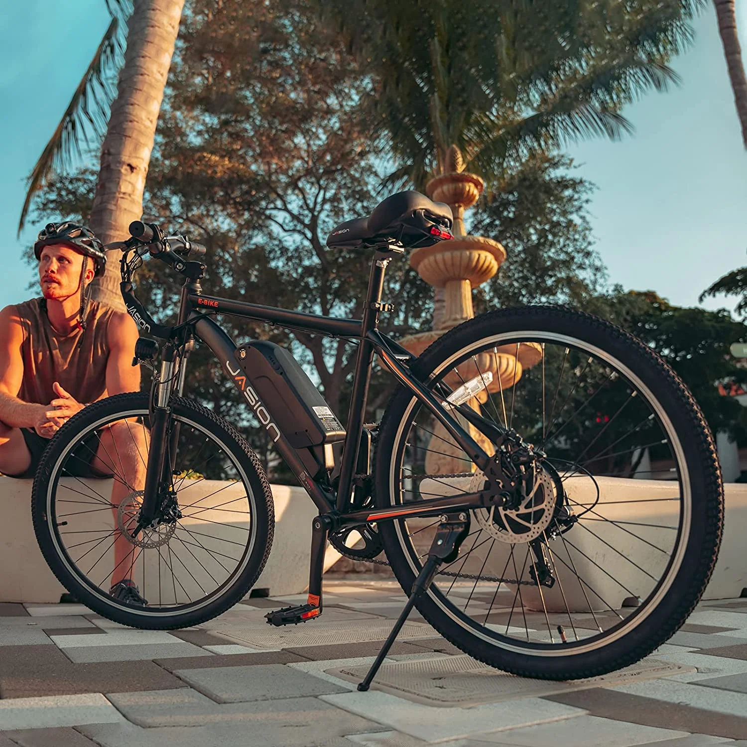 Jasion Electric Mountain Bike for Adults, 26" Tires, 350W Brushless Motor, 40 Miles Commuting Range, Front Fork Suspension, Shimano 7 Speed, EB5 Black