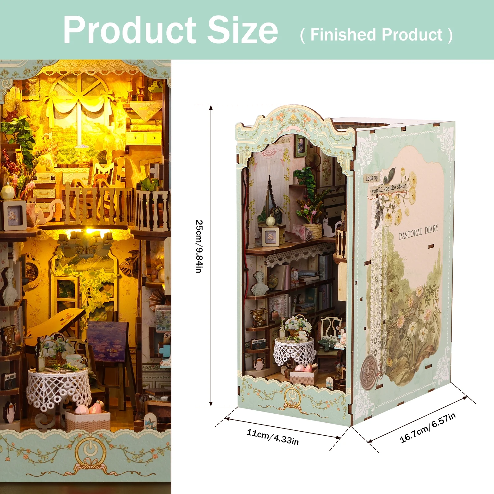 Morima DIY Book Nook Kit,3D Wooden Puzzle Bookshelf Insert Decor with LED Light,DIY Miniature Dollhouse Model Kit for Kids Adults