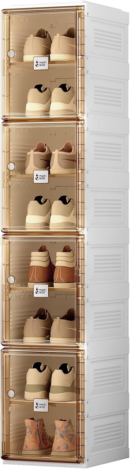 Shoe Organizer Storage Box, Portable Folding Shoe Rack for Closet with Magnetic Clear Door,Large Sneaker Cabinet Bins Sturdy Easy Assembly 10 Layers-20 Grids (Brown 8 Layers)