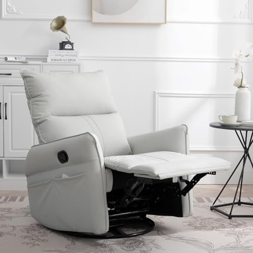 Swivel Rocker Recliner, Leather Rocker Recliner with 360 Degree Swivel & Reclining Function, Glider Recliner Nursery Chair with Adjustable Footrest and Pocket, Recliners for Small Spaces