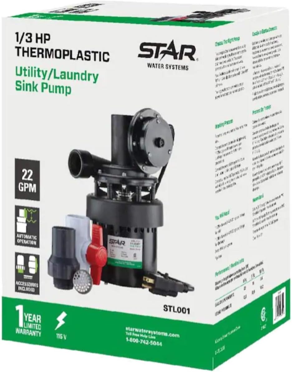 Star STL001 Automatic Utility/Laundry Sink Pump (1/3 HP) Mounts Directly Under Sink Tub, Heavy-Duty Thermoplastic, 115V, Includes Drain Screen, Check Valve & Ball Valve