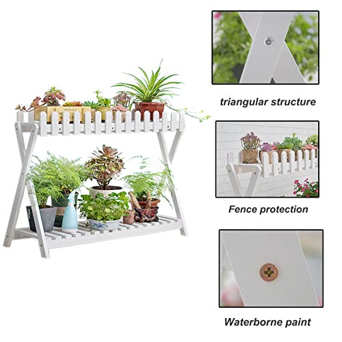 Wooden Flower Ladder Shelf, 2 Tier White Plant Shelf, Indoor Outdoor Garden Balcony Staircase Stand (88cm)