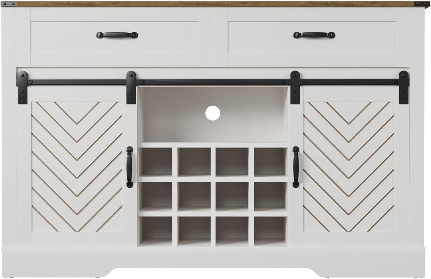 Farmhouse Storage Sideboard Buffet Coffee Bar Cabinet with Sliding Barn Door, 3 Drawers, Wine and Glass Rack - White & Oak