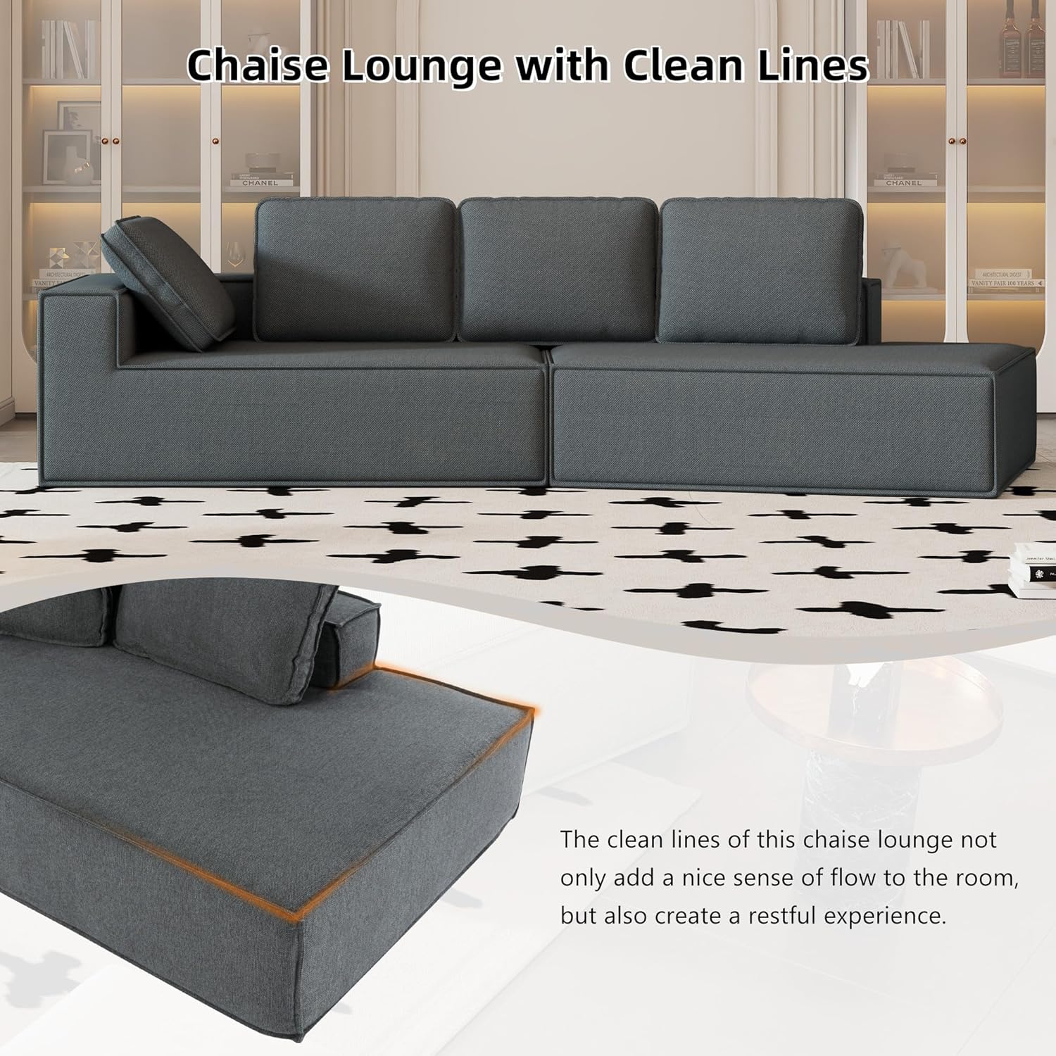 125" Stylish Chaise Lounge Modern Indoor Lounge Sofa Sleeper Sofa with Clean Lines for Living Room, Grey