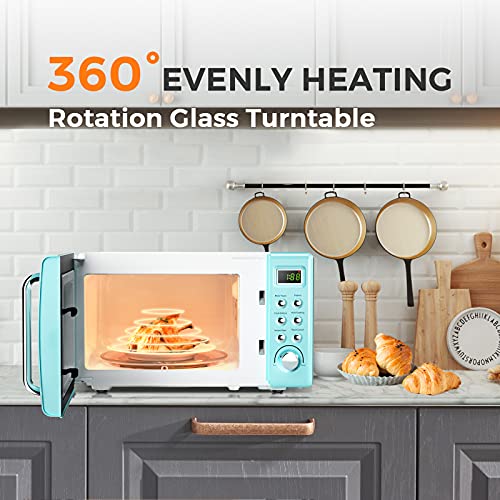 0.7 Cu.ft Compact Microwave Oven, Digital Timing & Child Lock, Small Microwave w/Glass Turntable & 6 Preset Buttons, Delayed Start Function, 700W Mini Microwave w/5 Micro Power (Golden)