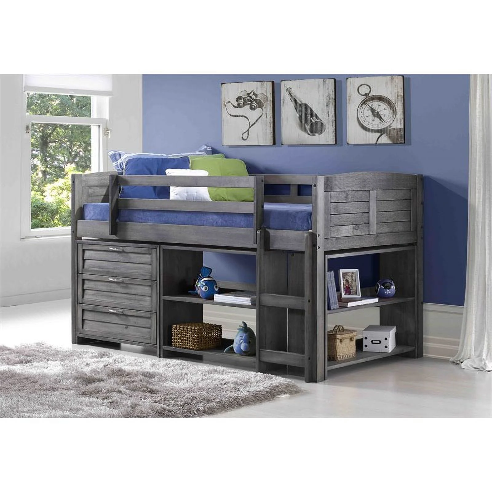 Roseberry Kids Solid Wood Twin Low Loft with Storage in Antique Gray