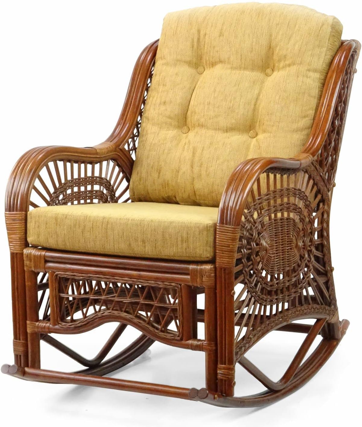 Wickerix Malibu Handmade Natural Rattan Living Room Set of 2 Rocking Lounge Chairs with Light Brown Cushions and Round Coffee Table with glass Colonial (Light Brown Color)