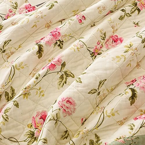 Brandream Pink Rose Floral Patchwork Quilts Cotton Queen Size Quilted Comforter Set Rustic Country Coverlet Bedspread Set 3-Piece