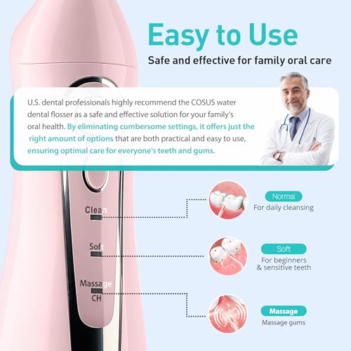 COSLUS Water Dental Flosser Teeth Pick: Portable Cordless Oral Irrigator 300ML Rechargeable Travel Irrigation Cleaner IPX7 Waterproof Electric Flossing Machine for Teeth Cleaning F5020E