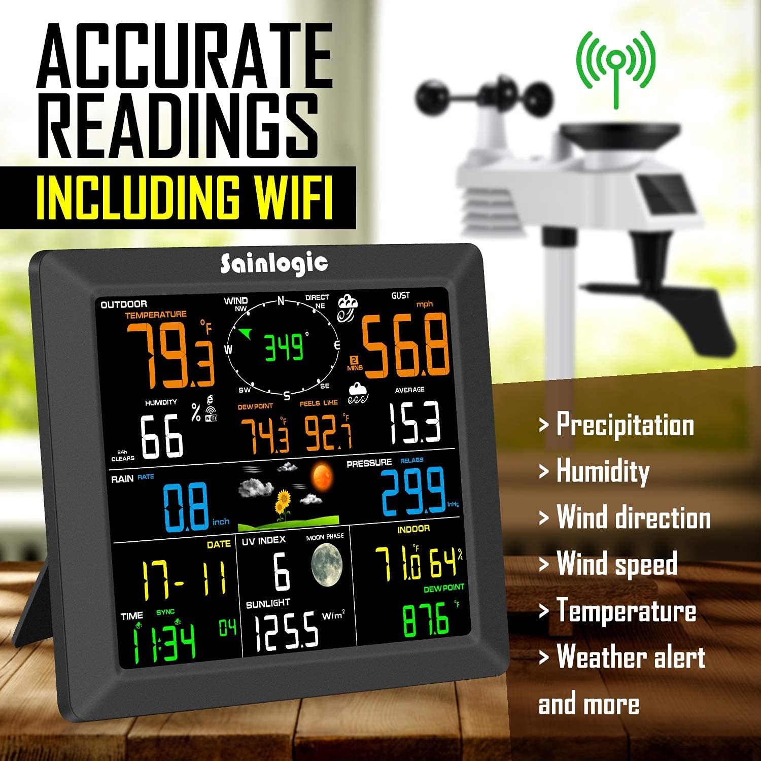 Sainlogic Professional WiFi Weather Station, Internet Wireless Weather Station W/ Outdoor Sensor, Rain Gauge, Weather Forecast, Wind Gauge, Wunderground (Black)