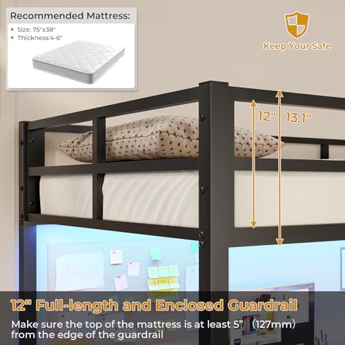 DICTAC Loft Bed with Desk and Led Lights Metal Loft Bed Twin Size with Power Outlet Twin Bed Frame with Top Bunk and Safety Guard & Ladder, Space-Saving,No Noise,No Box Spring Needed, White
