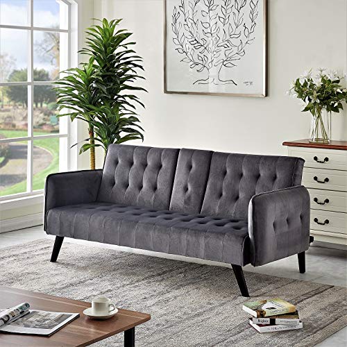 Cricklade Mid Century Modern Velvet Upholstered Futon Sofa Bed, Couches for Living Room with Center Console and Cupholders, Blue