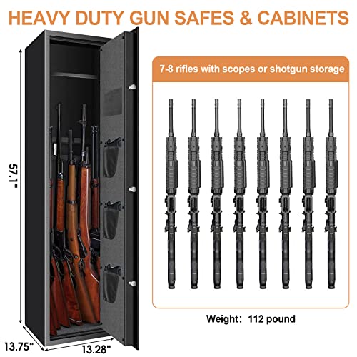 7-8 Extra Large Gun Safes for Home Rifle and Pistols, Heavy Duty Anti-Theft Gun Safes for Rifles and Shotguns, Home Rifle Safe with Removable Gun Rack, LED Light and Pistol Pockets