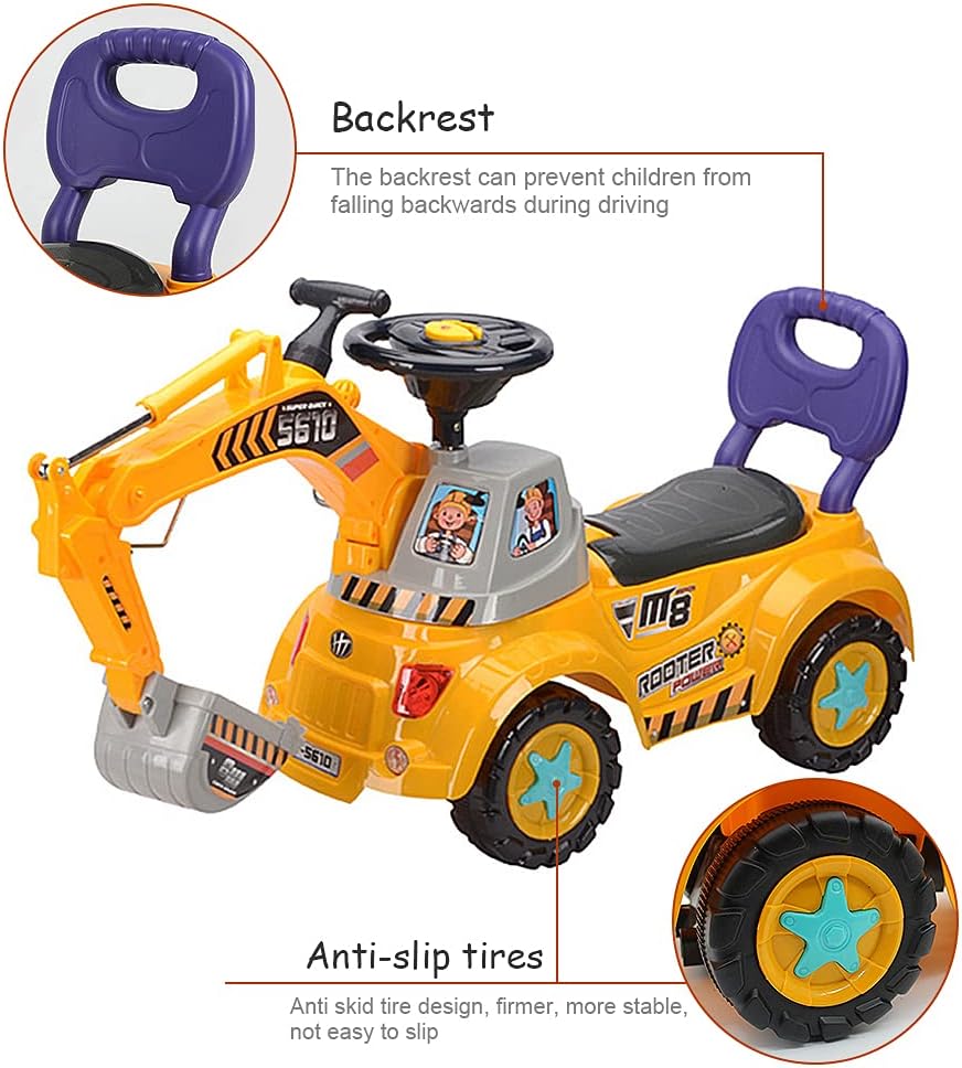 Hitish Ride-on Excavator Car, Full Functional Ride On Excavator Walker Sliding Digger Construction Vehicles Tractor Toy, Pretend Play Riding Digger Scooter with Sounds & Lights