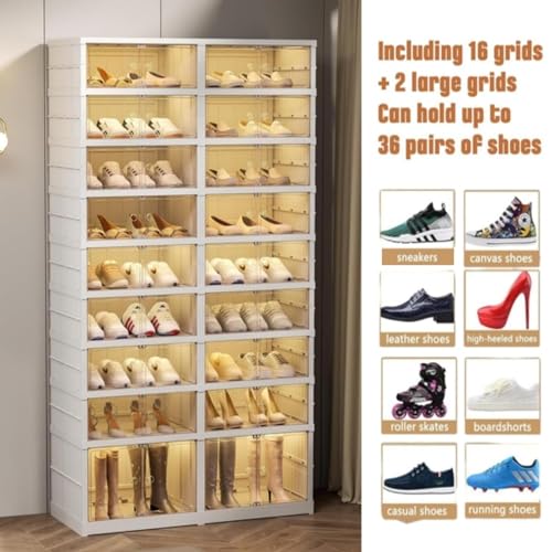 Foldable Shoes Rack Organizer Clear Plastic Shoes Rack for Closet Shelf Collapsible Large Shoes Storage Box Stackable Easy Assembly Shoe Cabinet with Lids and Door(9-tier for 18-36 Pairs)