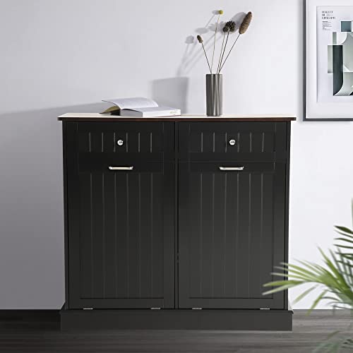 Tilt Out Trash Can Cabinet with Double Hidden Trash Can Holder, Kitchen Free Standing Recycling Cabinet,Dog Proof Trash Can,Wood (Teal)
