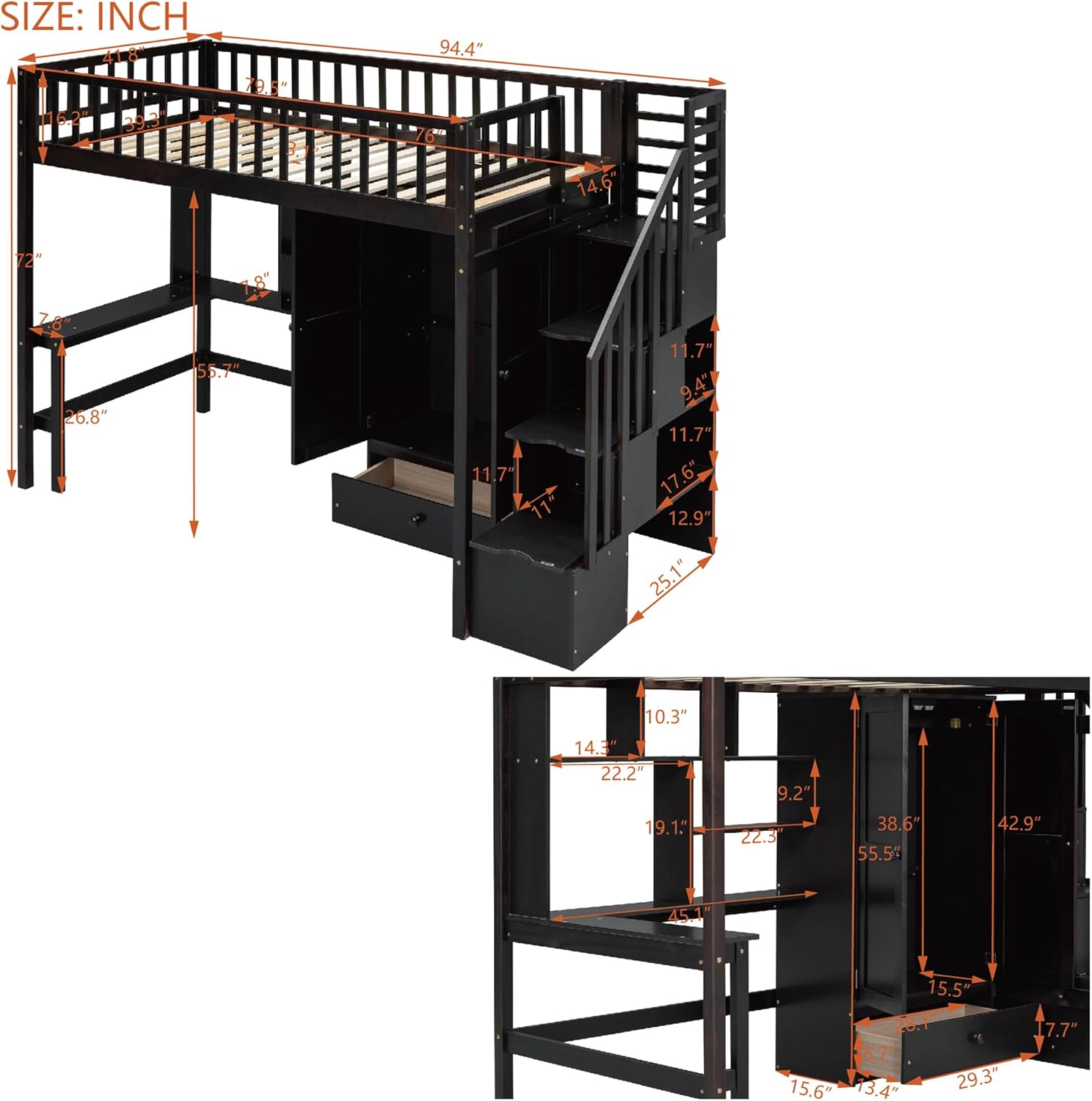 Harper & Bright Designs Twin Size Loft Bed with Stairs, Desk, Bookshelf, Drawers and Wardrobe, Solid Wood Loft Bed Frame with Storage, for Kids Teens Adults, Espresso, HJH-LT100668AAP