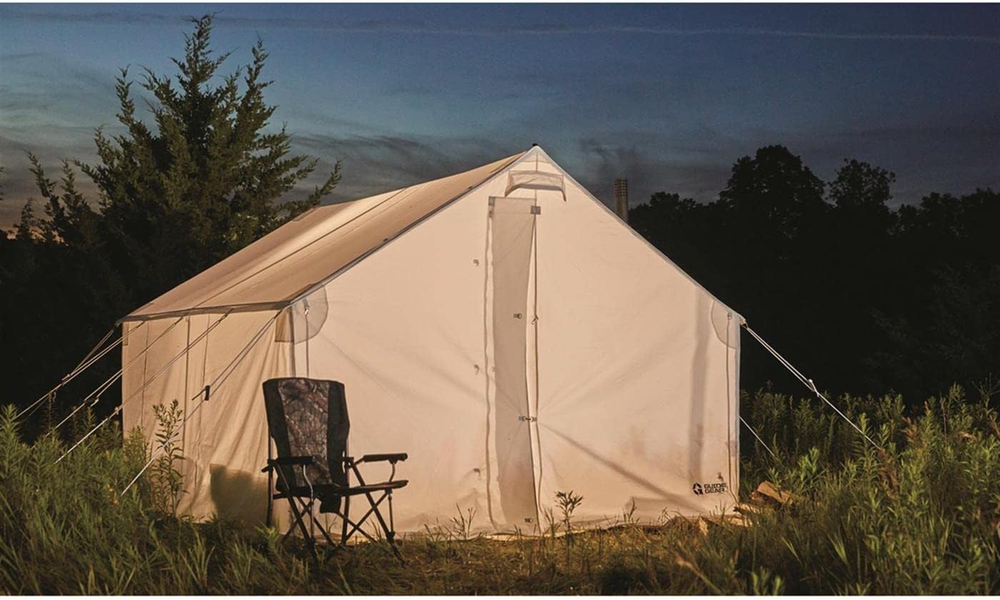 Guide Gear 10x12' Canvas Wall Tent and Frame for Hunting, Outdoor Camping, 4 Season All Weather Tents with Stove Jack Opening