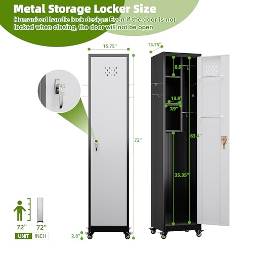 Aobabo 71" H×34" W×18" D Garage Metal Storage Cabinet with Wheels, Locking Steel Storage Cabinet with 5 Shelves and 4 Hooks, for Home Office, School, Assembly Required, Black Silver