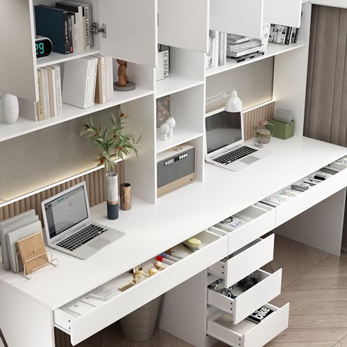 Homsee Modern 2-in-1 Computer Desk for 2 Person with Tall Bookshelf, 94.5" L Office Desk Writing Study Table with 6 Drawers, 15 Shelves & 6 Doors for Home Office, White